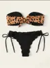 Women's Swimwear Beach Bikini 2024 Woman Sexy Front Lace Up Tie Bandeau Leopard Swimsuit Female Push Ruffled Bow Bathing Suit ThongH24222