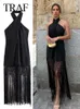 Casual Dresses Traf Dress for Women Fashion Sexy Halter Black Tassel Rygglös ärmlös Kvinna Chic Beach Long Lady Vestidos