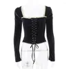 Camicette da donna Vintage Corsetto di velluto nero Top Colletto quadrato Camicetta a maniche lunghe per le donne Moda 2024 Primavera Autunno Elegante e camicie