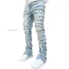 Jean homme coupe régulière Patch empilé en détresse détruit pantalon en Denim droit vêtements de rue décontracté Jean Emodern888