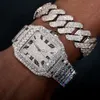 Bijoux Hip Hop bon marché pour hommes, plaqué or Sterling VVS Moissanite diamant glacé, Bracelet à maillons cubains avec montre mécanique