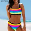Women's Swimwear Bikini Sets Multi Color Rainbow Striped Off Shoulder Top Bottom Beachwear Bathing Suit Women Two-piece Swimsuit