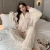 Women's Sleepwear Red Coral Fleece Pajamas Women Fall Winter Add To Thicken Cardigan Jubilant Loungewear Can Be Worn Outside