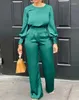 Women S Two Piece Pants Woman Elegant Round Neck Lantern Sleeve Ruched Top Set Temperament Commuting Casual Outfits Female