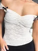 Vasche di camisoles da donna a pizzo tops sottile slim coda dalla spalla anteriore arco 3d arricciati se vedi attraverso camicie corte per l'estate