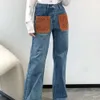 Loewee designer jeans lyxmode för kvinnor jeans höst/vinter läderväska design med rak ben denim midje golv drag ljus färg denim byxor