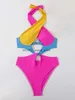 Costumi da bagno da donna Sexy Colore contrasto Donne Halter Cross Ferretto Cut-out Costume intero Costume da bagno Hot Pink Patchwork BikiniH24222