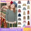 Conjuntos de roupas diários crianças ins terno de malha meninas kp estilo pastoral suéter listrado saia curta suspensórios 4-12 anos roupas de marca de bebê