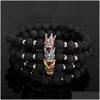 Perlen Ankunft 8mm Lava Stein Perlen Armband Für Frauen Männer Kupfer Krone Zirkon Inlay Healing Elastische Mode Schmuck Geschenk dhgarden Dhyjs