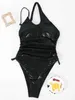 Dames Badmode Sexy Een Schouderstuk Dames Wit Slangenprint Uitgehold Plooi Badpak Buikcontrole Monokini 2023H24222