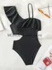 Mulheres Swimwear Sexy Ruffle Swimsuit 2023 Mulheres Sólido Preto Oco Out Barriga Controle Uma Peça Ombro Banheira Terno Natação SetsH24222