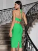 Casual Jurken Groene Bandage Jurk Voor Vrouwen Sexy Backless Halter Vestidos Mode Dimensionale Bloem Decoratie Jurk Diner Kleding