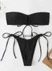 Mulheres Swimwear Bandeau Bikini Mulheres Sexy Vermelho Preto Plissado Lace Up Swimsuit 2023 Corte Praia Banheira Terno Laço Lado Thong BikinisH24222