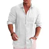 Camisa solta sólida masculina de linho polo gola manga longa moda coreana camisas sociais para homens blusa 240219