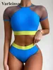 Dames Badmode Korte Mouw Mesh Splitsen Vrouwelijk Badpak Hoge Taille Bikini Vrouwen Tweedelige Set Bader Badpak Zwemmen V2871