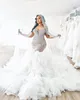 2024 Arabic Aso Ebi Plus Size Luxurious Mermaid Wedding Dress Beaded Crystals Tulle Detachable Train Tiers Bridal Gowns Dresses ZJ022