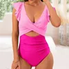 Women's Swimwear 2024 Tummy Control One-piece Swimsuit Bikini Cut Out Monokini Solid Ruffle Backless Beachwear Female Bathing Suits