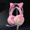 Fone de ouvido / fone de ouvido para jogos com microfone Orelhas de gato rosa branco 3.5 USB com fio estéreo Gmaing fone de ouvido com luz LED para laptop / Ps4 / xbox One