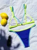 Damskie stroje kąpielowe Seksowne mikro bikini 2024 Mujer Women Blue Neon Patchwork Push Up Thong Swimsuit Summer Beach Kąpiel Suit trajes de Baoh24222