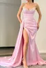 Elegant Pink Split Evening Dresses Sweetheart Mermaid Sparkle Sequins Appliques Satin Long Prom Dress Pleats Women Formal Occasion Vestidos