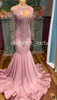 Pink Sparkly Princess Mermaid Prom Ceremony Dresses for Women Long Sleeve Crystal Pärlad aftonklänning Vestidos de Gala