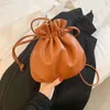 Drawstring Bucket Shoulder Bag for Women Fashion Casual Cute Mini Cross Body Small Bag Soft Leather Solid Color Purse