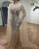 2024 Luxus Dubai Meerjungfrau Abendkleid Pageant Kleid Cape Ärmel Perlen Pailletten Frauen Engagement Prom Formale Kleider Champagner Robe De Soiree Vestidos De Fiesta