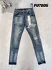 Mens designer broderi quiltning rippad för trendmärke vintage byxa avslappnade solida klassiska raka jeans för manlig motorcykelbyxa Mens Rock Revival Jeans