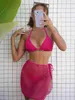Dames Badmode Sexy Neon Groene Bikini Sets Dames Effen Zwart Mesh Cover Up 3-delig badpak 2024 Zomer Badpak Rok TriangleH24222