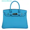 Totes BK Genuine Leather Handbag Sky Blue Lychee Patterned Top Layer Cowhide Platinum Bag Genuine Leather Womens Bag Bright Soft Leather Handbag Sin with logo hbP0