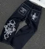 Mäns jeans haruku y2k män vintage goth skalle broderi tvättade breda ben streetwear kvinnor rak casual baggy