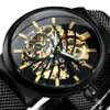 Ultradünne automatische mechanische Uhr für Herren, Gold, Vogelmuster, Mesh-Armband, Skelett-Armbanduhr, Armbanduhren206w