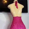 Pink Halter Long Prom Dress for Black Girls 2024 Sequined Birthday Party Wear Mermaid aftonklänning Ruffles Robe de Soiree