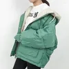 女性用トレンチコートショートウィンタージャケットの女性温かいフードダウンコットンパーカス女性カジュアルルーズアウトウェア韓国綿パッドコート