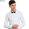 Mens Wedding Party Club Dress Shirts with Bowtie Slim Fit Solid Wing Tip Collar Tuxedo Shirt Long Sleeve Male Tops 240219