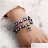 Charme Pulseiras Azul Evil Eye Charme Pulseiras Hamsa Mão Pulseira Jóias Para Mulheres Homens Preto Moda Lucky Fatima Plam Frisado Stretc Dhrtu