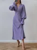 Casual Dresses byemylove ankel längd v halskvinnor elegant klänning lykta långärmad hög midja smal fit chic pärlknapp höst