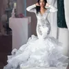 V Neck Lace Crystal Tiered Skirt Ruffles Trumpet Arabic Garden Wedding Gowns Sparkly Long Sleeve Mermaid Wedding Dresses