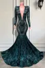 Emerald V-ringad paljetter Lace Prom Dress Mermaid Sheer Long Sleeves Aftonklänningar Formell tillfälle Party Dress Black Girls Graduation Wears