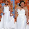 Nigeria Aso Ebi Mermaid Wedding Dress Bridal Gowns For Bride Plus Size with Detachable Train Long Sleeves Jewel Beaded Pearls Marriage for African Black Women NW097