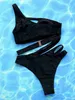 Women's Swimwear Sexy Hollow Out Bikini Set 2024 Women Black One Shoulder Bandage one piece Swimsuit Summer Bathing Suit High WaistH24222