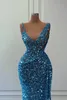 Stunning Blue Sequined Prom Dresses Sexy V Neck Sleeveless Mermaid Evening Gowns Bling Beads Sequins Long Robes