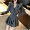 Two Piece Dress Lnsozkdg Women's Jacket Long Sleeve Student Pleated Skirt Suit Female Grey Blazer Lady Office Work Blazers Short Sets