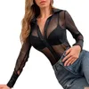 Damesblouses Sexy shirt Top blouse met lange mouwen Sheer Mesh Button Down Koreaanse kleding See Throught Office Dames