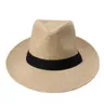 Mode été décontracté unisexe plage Trilby grand bord Jazz chapeau de soleil Panama chapeau papier paille femmes hommes casquette avec ruban noir 19582775