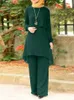 エスニック服ザンゼア女性フルスリーブルーズブラウススーツイスラム教徒パンツセット2ピースセットアウトファッションソリッドドバイ七面鳥のズボン