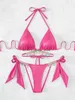 Women's Swimwear Luxury Rhinestone Bikini Women Pink Brozing Hollow Out Diamond 2024 Beach Bathing Suit Lace Up Tie Side Thong SwimsuitH24222