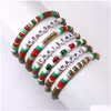 Ensemble de bracelets de perles de noël, 7 pièces, brins extensibles Heishi de vacances, lettres en argile polymère rouge vert, breloques d'amitié empilables S Dhg1G