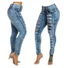 New Distressed High Waisted and Small Foot Multi Buttonhole Jeans for Women's Clothing