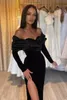 Elegant Black Split Evening Dresses Vintage Long Sleeve Mermaid Off Shoulder Prom Party Gowns With Pleats Ruffles Long Women Occasion Robes